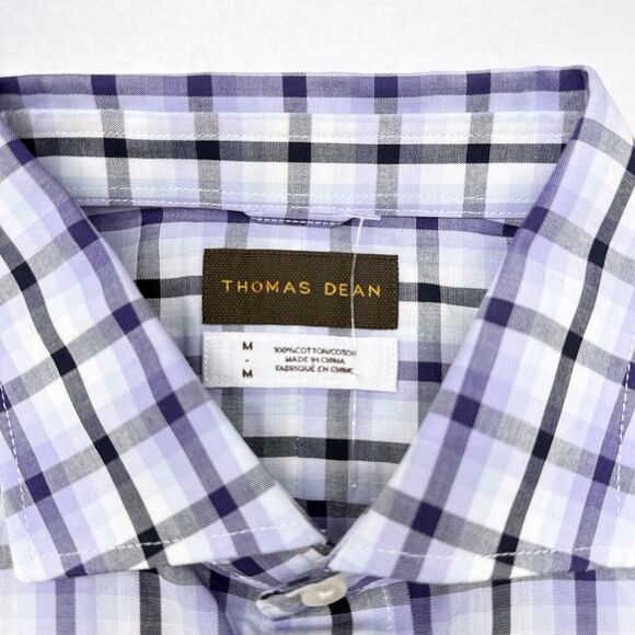 Thomas‎ Dean Short Sleeve Button Up Shirt Men’s Size Medium Purple Plaid Career - Picture 5 of 10